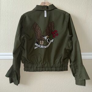 TWINSET 100% Cotton Olive Military Green Zip Jacket Eagle Embroidered Size M